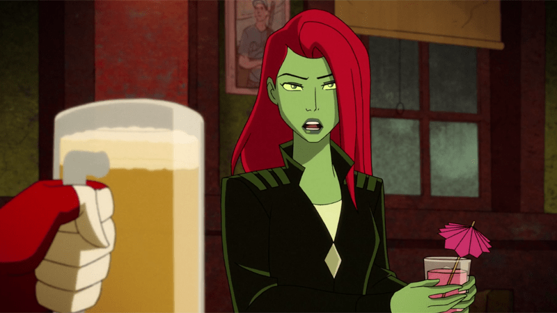 Poison Ivy shares a drink with Harley in a bar