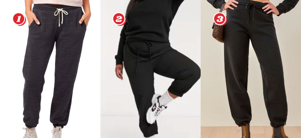 Three pairs of dark grey to black sweatpants: 1. Alternative Apparel Classic Eco-Fleece Sweatpants (XS - XL) - $32.50 from $54 with code 50CYBER, 2. Asos Curve Womens Sweatpants - (12 - 24) $22.50 from $45, 3. The Boyfriend Sweatpant - (XS - XL) $54.60 from $78 