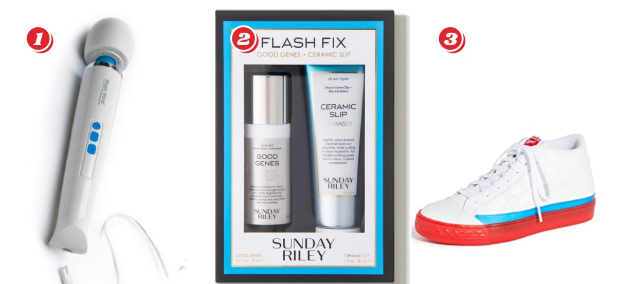 1. Magic Wand Rechargeable - $103.96 from $129.95, 2. Sunday Riley Flash Fix Skin Care Set- $18.75 from $25 ($30 value), 3. Onitsuka Tiger Fabre Classic Mid Top Sneakers $36 from $120