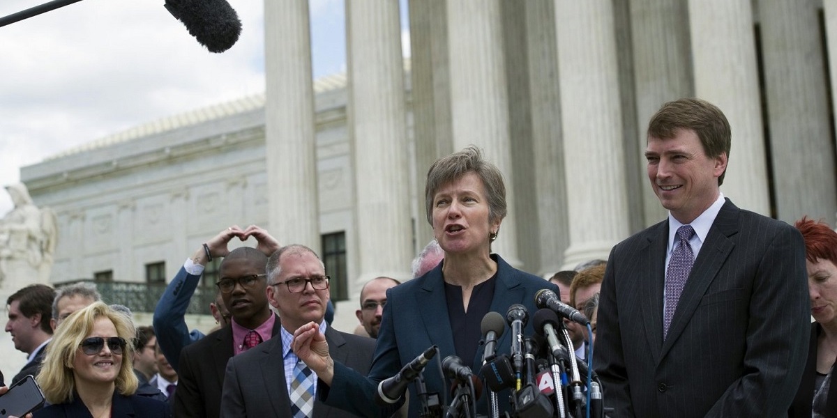 Mary Bonauto addresses reporters on the steps of the Supreme Court.