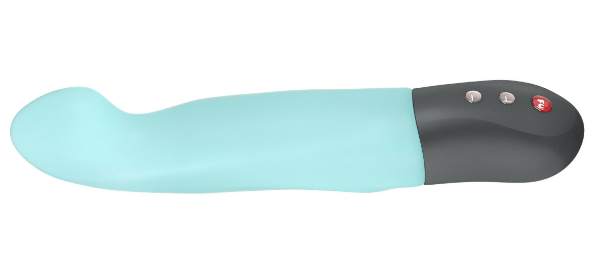 a seafoam green silicone dildo with a black handle
