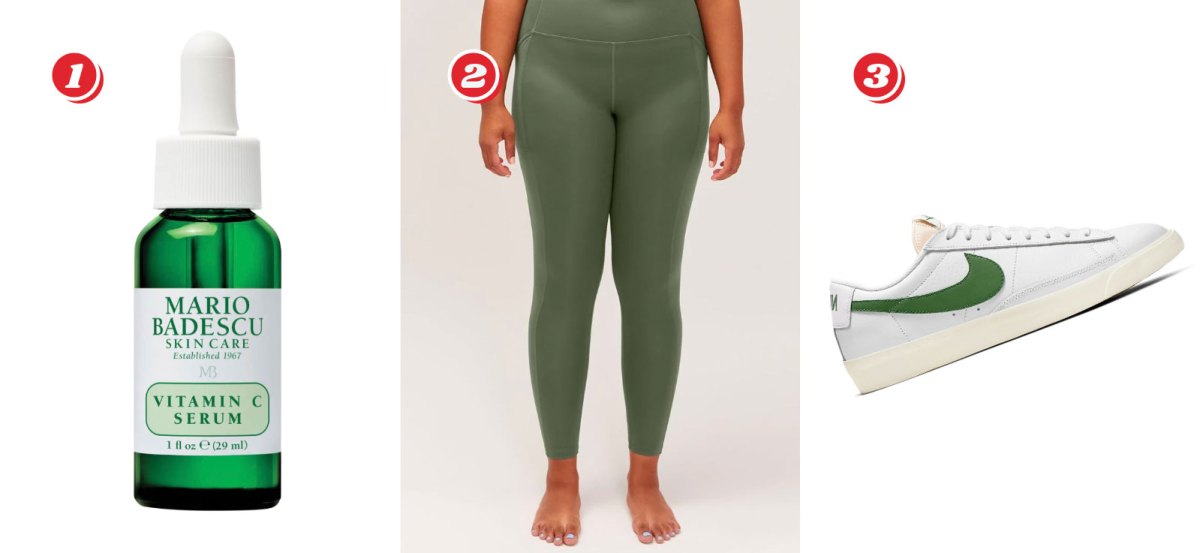 1. Mario Badescu Vitamin C Serum $31.50 from $45 // 2. Girlfriend Collective High-Rise Pocket Legging in Green (Sizes 2XS - 6XL) - $46.8 from $78 // 3. Nike Blazer Low-Level Sneakers, White with Green Swoosh - $60 from $75 with code MOREPLSYAY