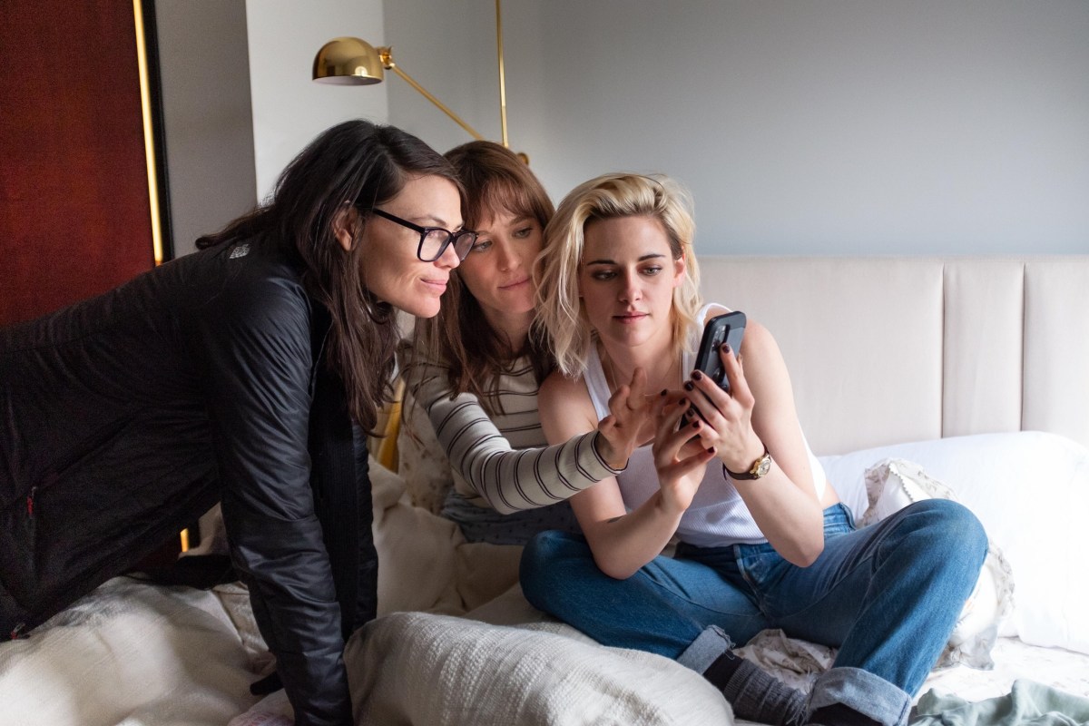 Mackenzie Davis, Clea DuVall, and Kristen Stewart on the set of Happiest Season