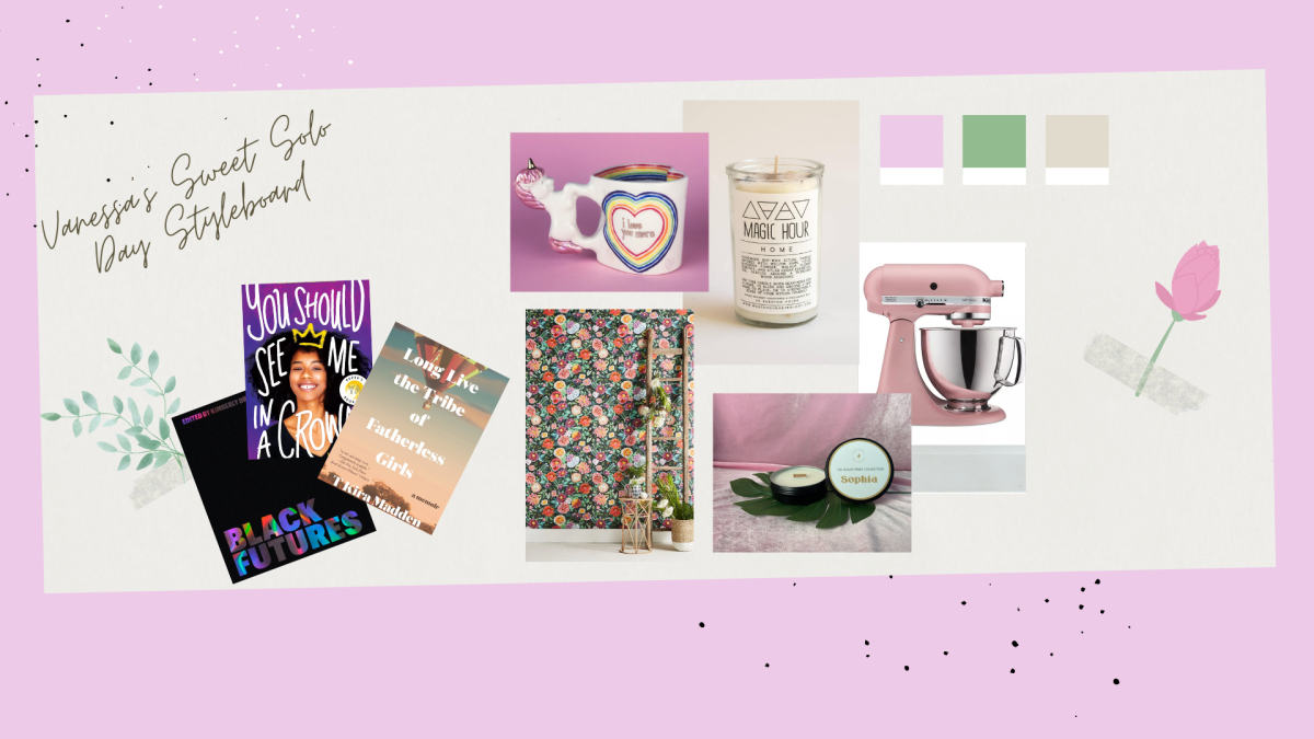 A collage featuring items for Vanessas relaxing day. Including 3 books, a pale pink kitchen aid mixer, floral wallpaper, a unicorn mug, and a tall white candle.