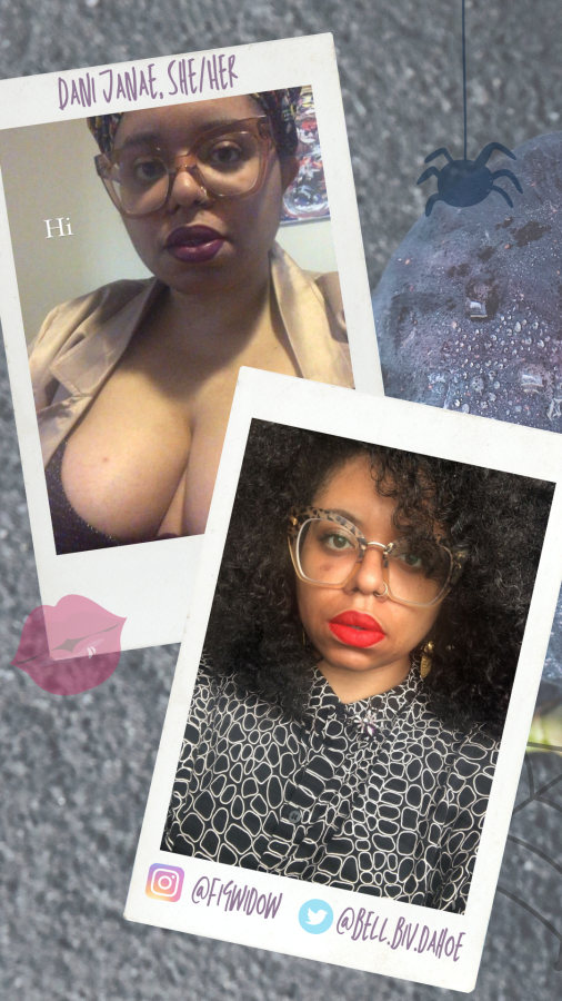 Polaroid Style photos of Dani Janae. both are close up and in the one that lays on top she wears a black and white printed shirt, red lipstick, animal print large frame glasses. There are faint animated clipart in the photo as well including a spiderweb, red lips and a hanging spider.