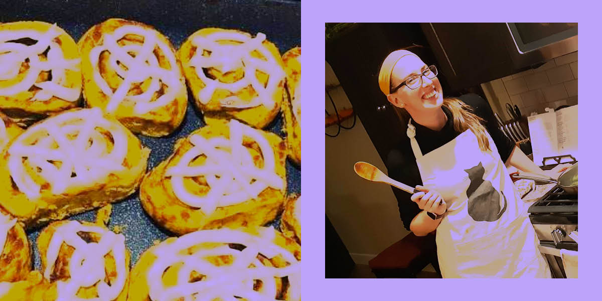 To the left are some spiderweb decorated confections by Casey and to the right is Casey wearing an apron and holding a wooden spoon.