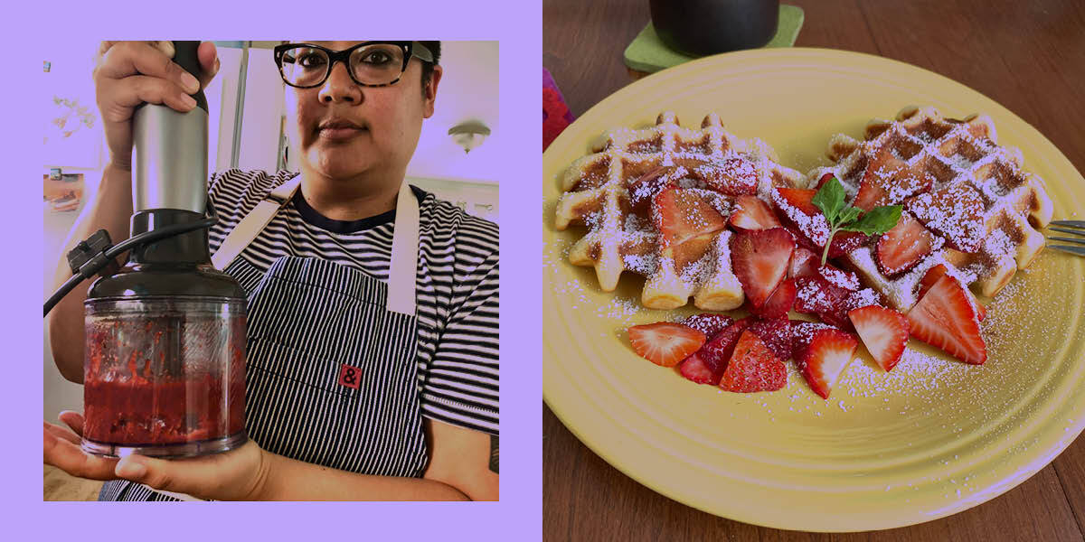 To the left, Kamala processes something red in a food processor, to the right are some gorgeous waffles with strawberries atop them