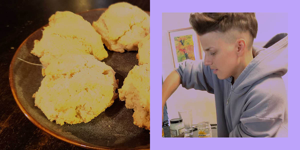 To the left are some amazing looking biscuits, and to the right, Malic is working in the kitchen.