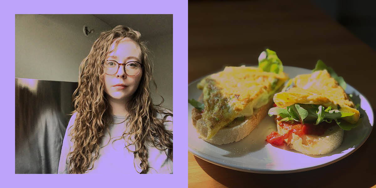 To the left is Rachel, looking glamorous in front of a fridge, and to the right is an egg on toast situation with greens that looks delicious!