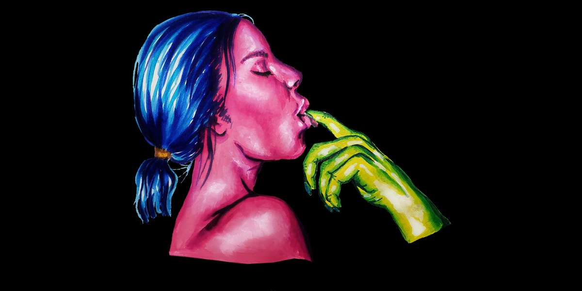 an illustration of a profile of a woman's head — she has pink skin and a short, low blue pony tail. a green finger is inserted into her mouth and slowly sliding out.