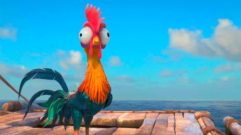 Hei Hei stands on a boat deck and looks confused and nervous. 