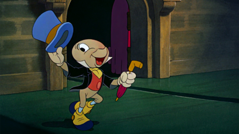 Jiminy Cricket doffs his top hat. A lot of bisexual Disney characters wear top hats!