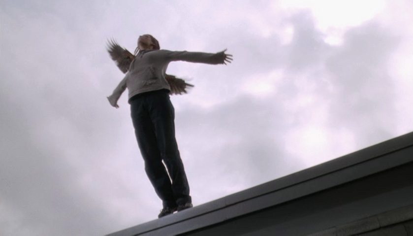 A scene from Lost and Delirious where Paulie is poised to jump from a roof with a falcon mysteriously behind her