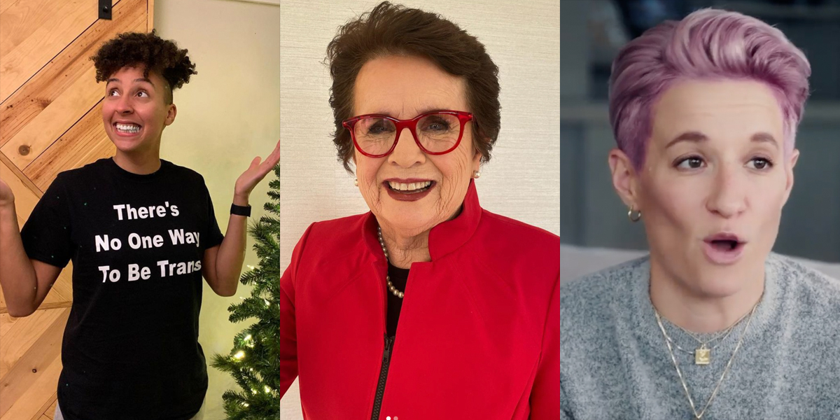 A collage of Megan Rapinoe, Layshia Clarendon, and Billie Jean King.