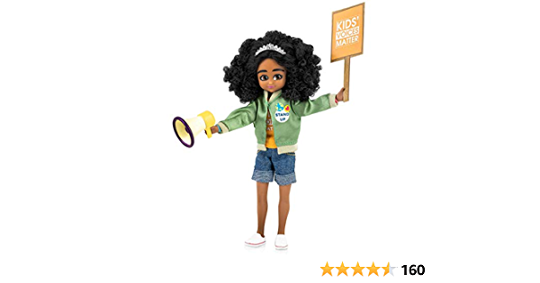 An adorable Black doll with an Afro, a protest sign, and a megaphone.