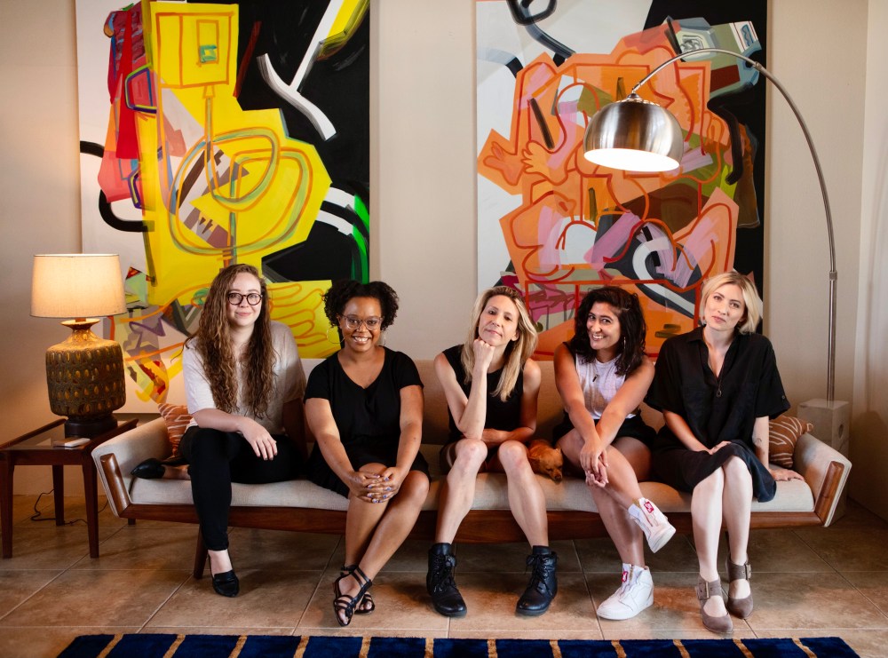 Sitting on a couch together, left to right: Rachel, Carmen, Riese, Sarah, and Laneia