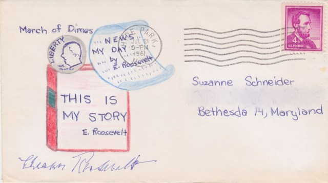  An envelope from the 1940s from Eleanor Roosevelt is a warm peach colored with brightly decorated colored pencil doodles in coral and light blue decorated across the sides and up the middle.