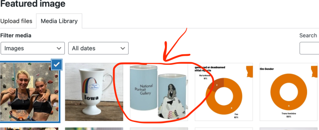 A screenshot of the media gallery inside WordPress, with thumbnails of various recently uploaded images; Carmen has used a program to circle and draw an arrow pointing at an image of a mug with Michelle Obama on it