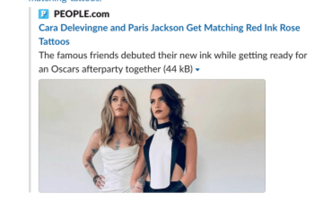 A screenshot of the cover of people magazine, depicting Cara Delevingne and Paris Jackson with matching tattoos