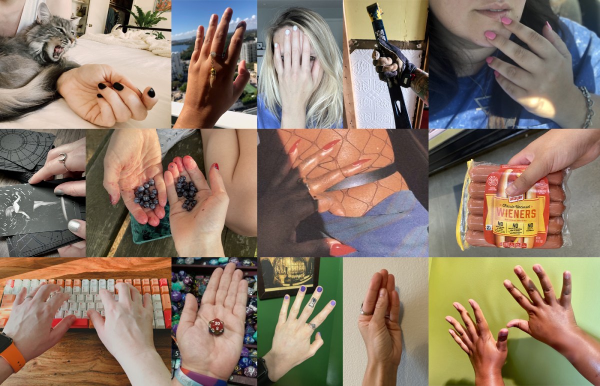 A collage of various hands belonging to Autostraddle writers and editors: 1st: laneia // kayla // riese // nicole // vanessa 2nd: meg // drew // shelli // sarah 3rd: heather // valerie anne // stef // ro // carmen