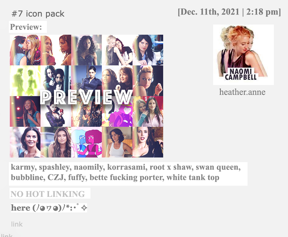 In this, heather made 20 livejournal icons of sapphic celebrities. it looks like a lot of work!