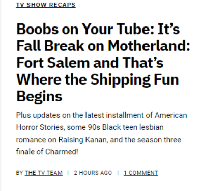 An Autostraddle headline reads: Boobs On Your Tube:It's Fall Break on Motherland: For Salem and That's Where the Shipping Fun Begins