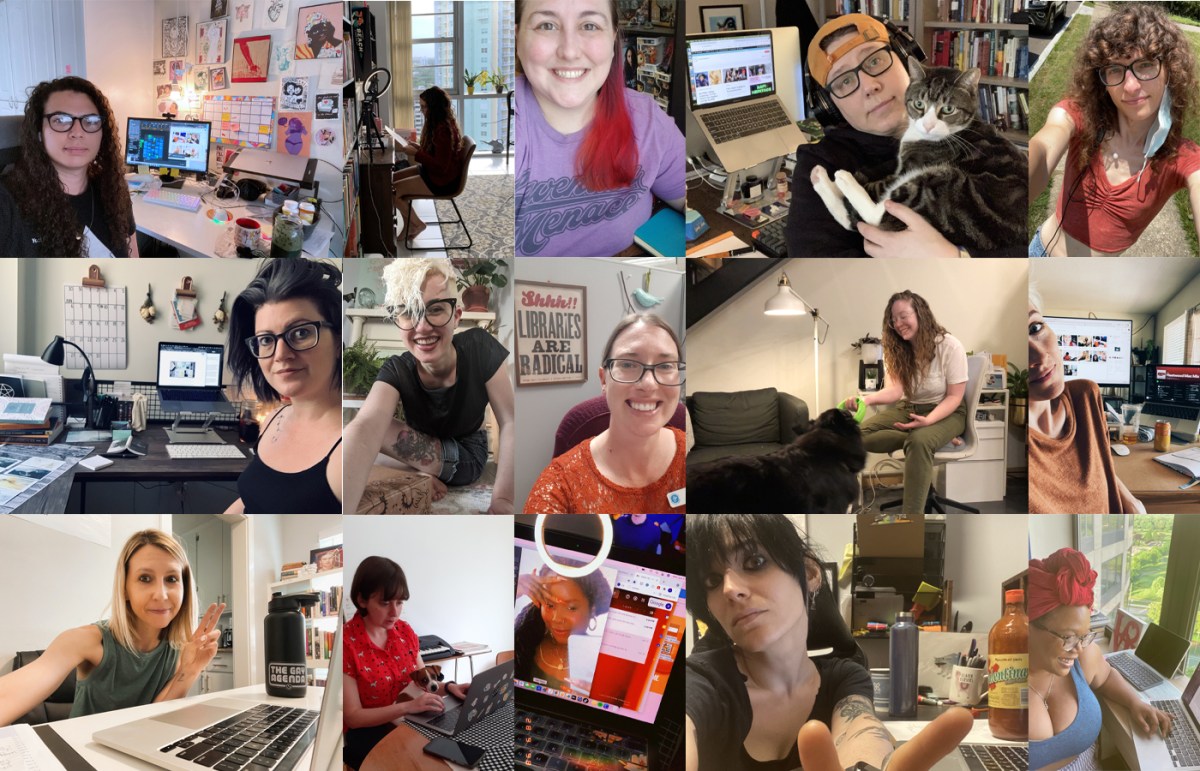 A collage showing everyone at their workplace