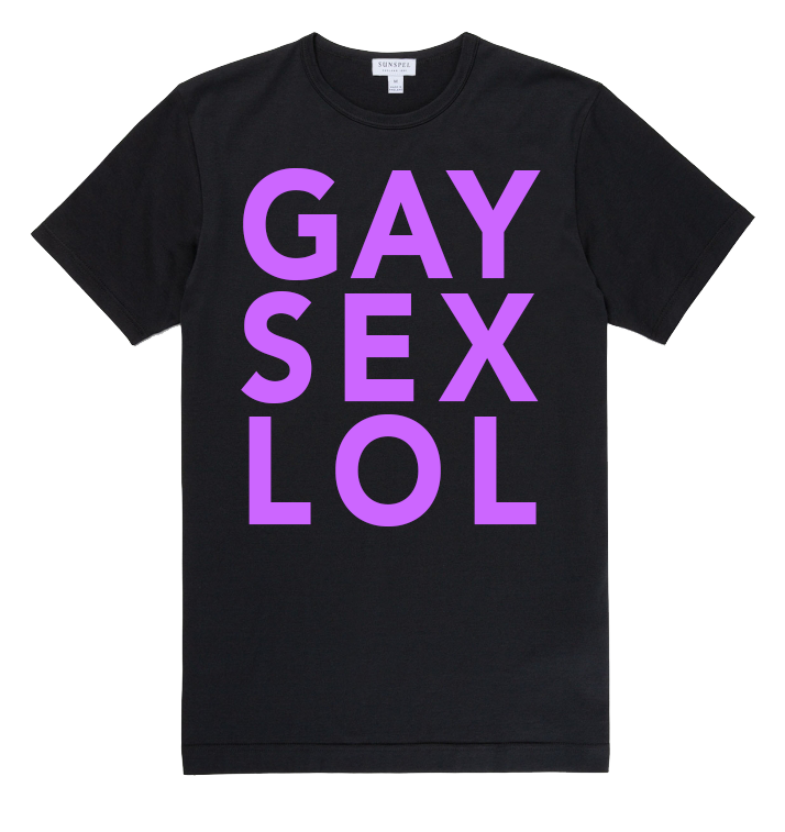 Abeni made a tee shirt mockup. The tee is black and the font is lavender and says in all capital letters that take up most of the front of the shirt "GAY SEX LOL"