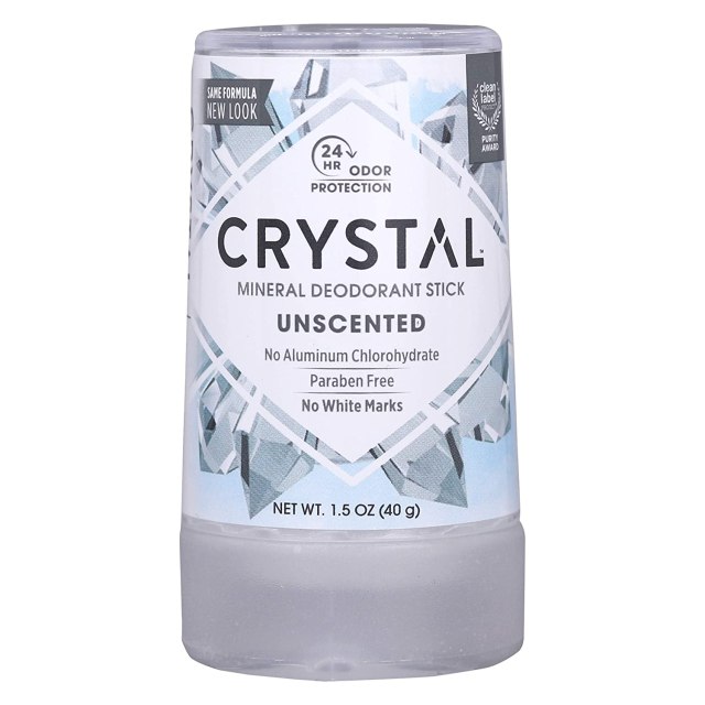 A silver and blue deodorant stick reads, "Crystal Mineral Deodorant Stick"