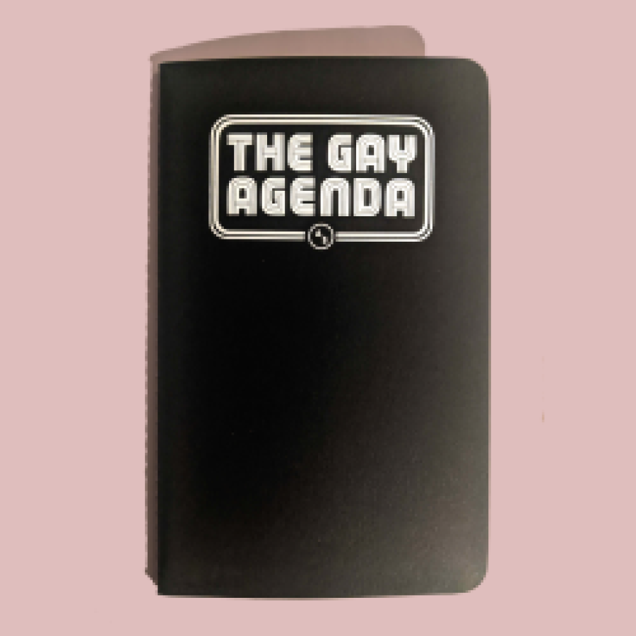 A softcover notebook that reads, in a very 70's font, The Gay Agenda