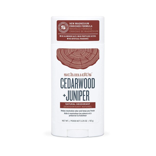 A white deodorant stick that reads, "Schmidt: Cedarwood & Juniper"