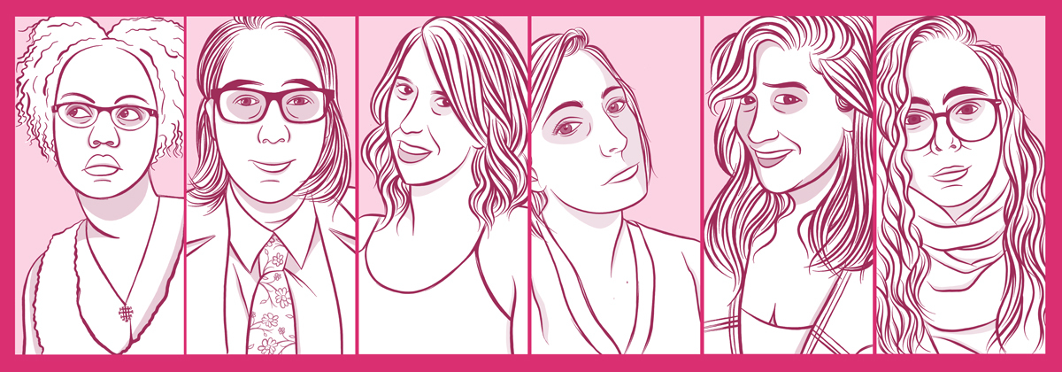 An illustration, in The L Word pink, of Carmen, Heather, Riese, Laneia, Sarah, and Rachel