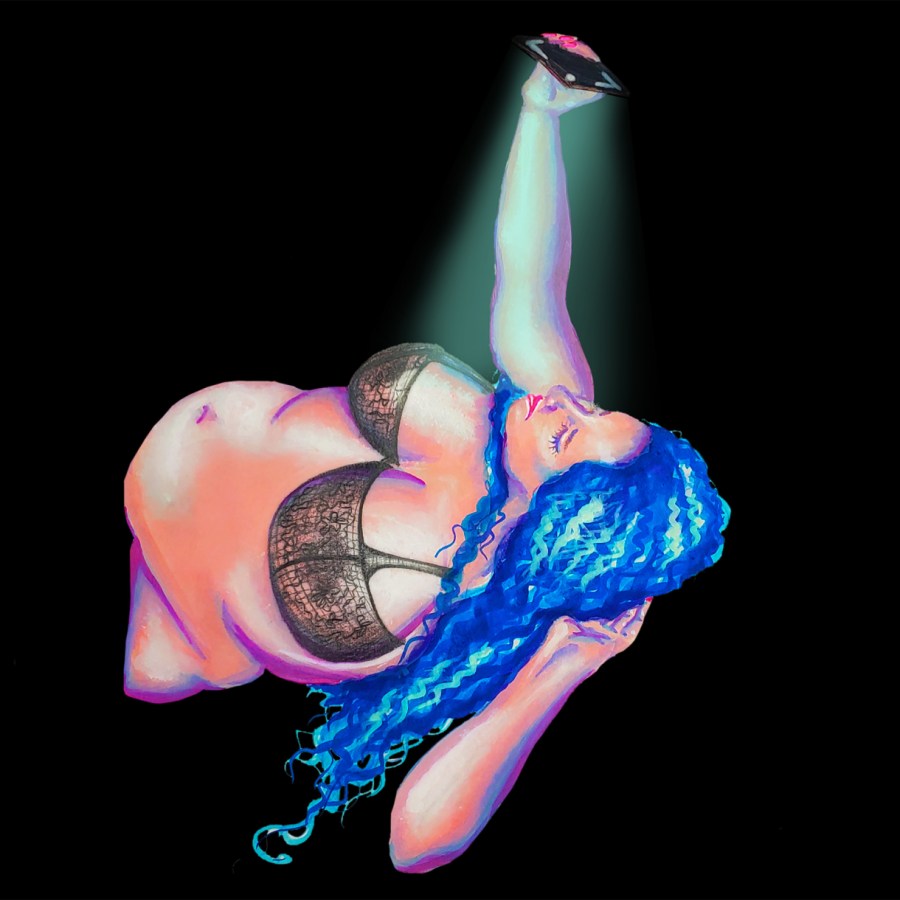 A fat queer femme lays down in the darkness, her arm extended to snap a selfie with her phone, which streams down a surreal glow over her face. Her hand cups the back of her head which has long, wavy blue hair.