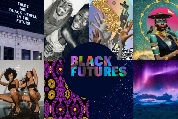 Carmen created a mood board for the vibe of Black History Month that had eight parts: a photograph of the art instillation "There Are Black People in the Future" which had the words in lights, there's also images of Andre Leon Talley dancing with Grace Jones at Studio 54, Solange Knowles dancing with a friend in 2019, african Ankara fabric, and starry night skies. The words "Black Futures" are cut out in the center in glowing letters.