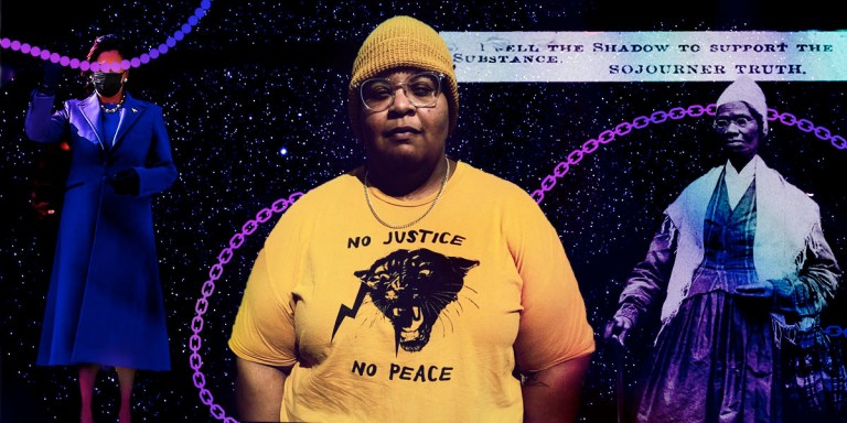 A portrait of the author in the middle, in a yellow shirt that reads "No Justice No Peace" with the Black Panthers logo and a yellow beanie cap. To their left side is a cut out of Kamala Harris from Inauguration Day 2021 and to their right side is a cut out of the slavery abolitionist Sojourner Truth. All three images are connected by pearl necklaces and chain link necklaces, both colored in purple. They are against a purple starry night sky.