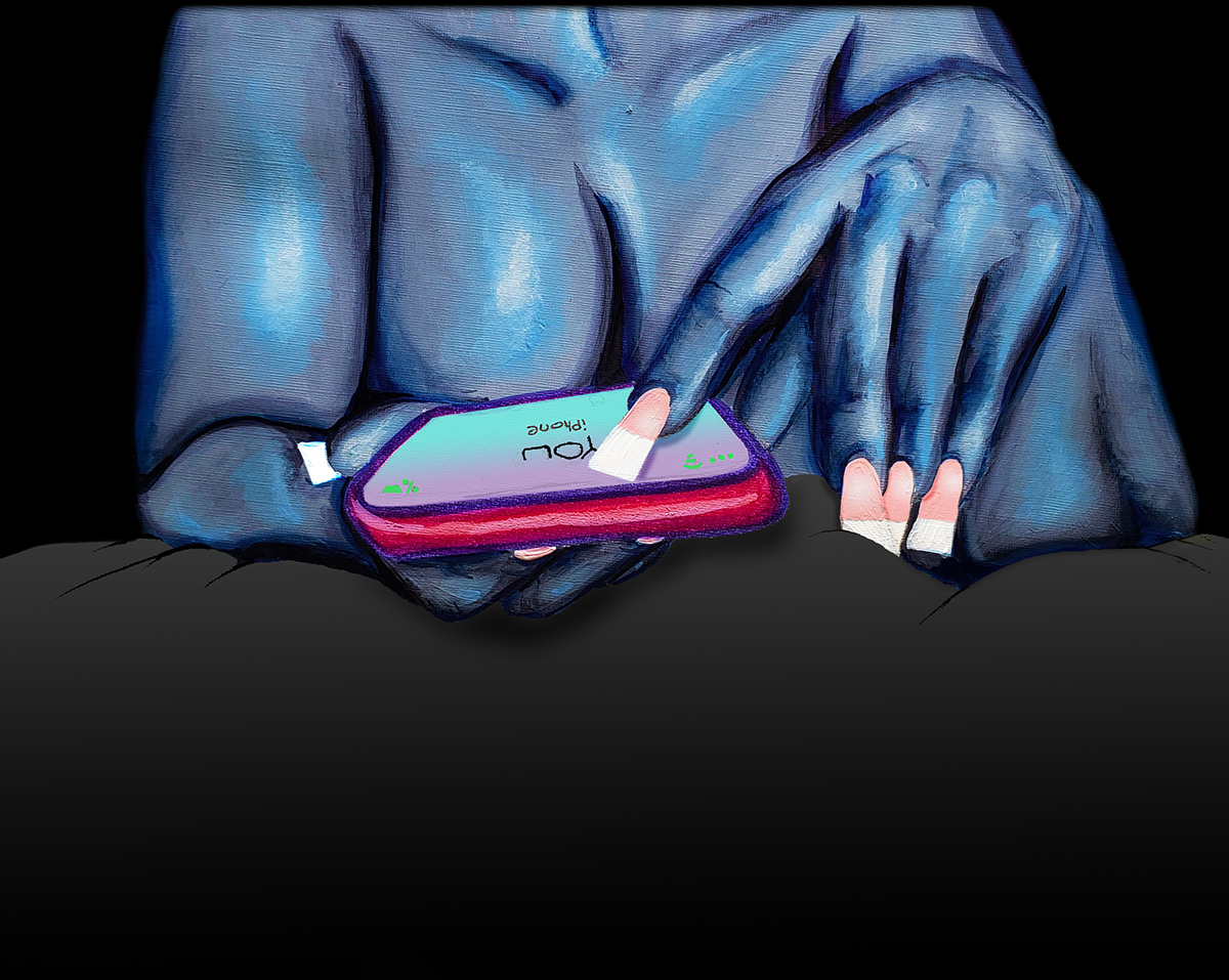 Close crop of a nude blue-skinned person's torso lying on black sheets, scrolling through their pink phone with long, manicured nails. The phone screen reads "you"