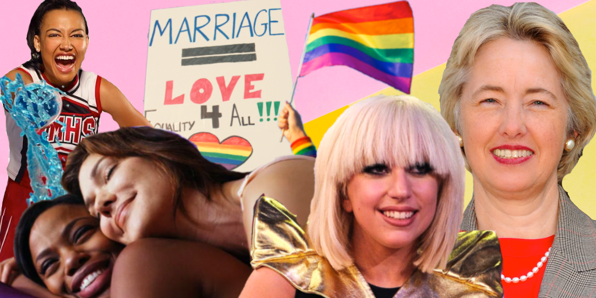 2009 collage: Santana, a still from Drool, a rainbow flag and a protest poster, Lady Gaga and Mayor Annise Parker