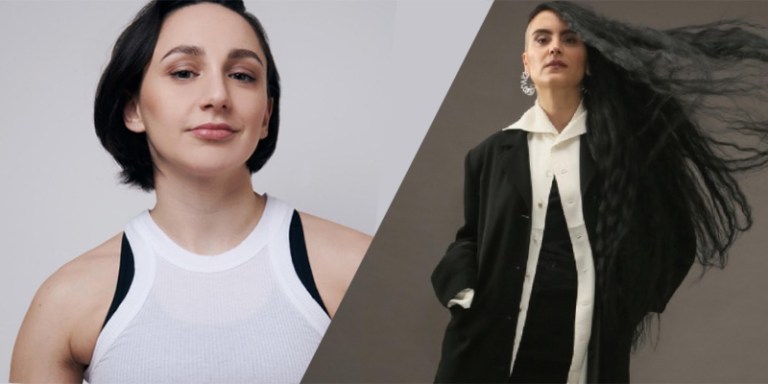 In a diagonal collage, Lauren Patten is in a white tank top and has a brunette bob cut under her chin, and next to her Sonya Teyah has on a suit with her hair shaved to one side and long dark brown ringlets cascading in the wind on the other