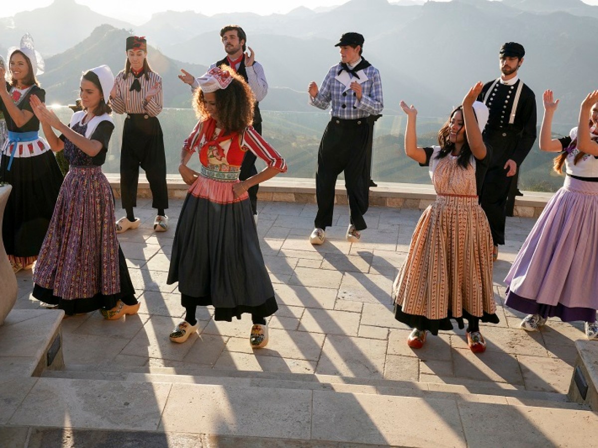 The Adams Fosters and the Hunters practice Dutch folk dancing.