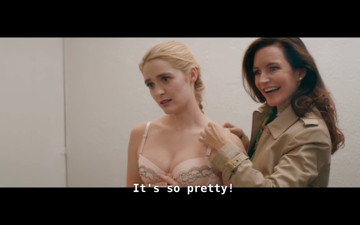 in the dressing room, Grace in a bra and Mary saying "It's so pretty!"