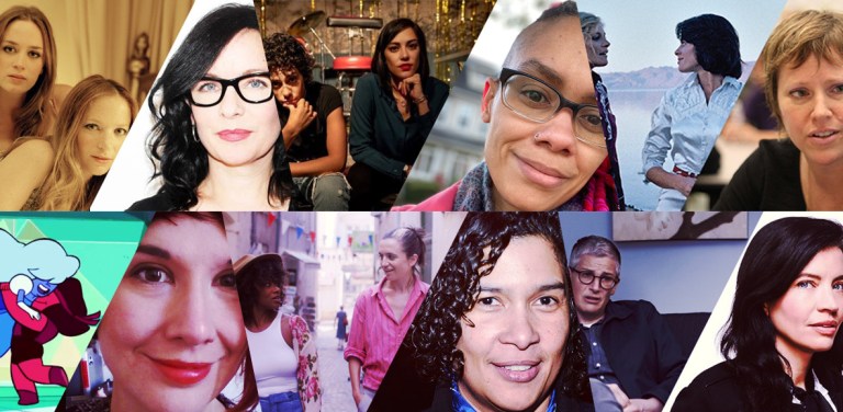A collage of six queer directors and their selected movies or tv shows. Each photo is broken up on a diagonal line to create a diamond pattern.