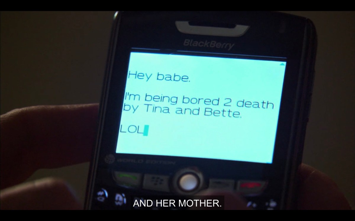 Joyce's phone, texting Phyllis that she's bored to death