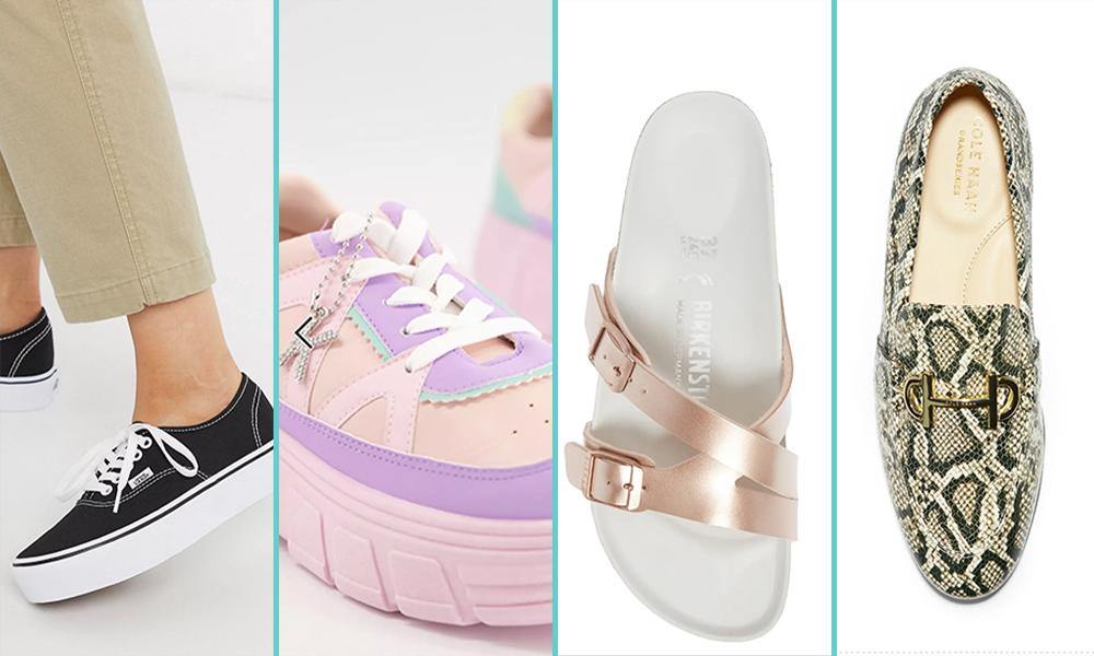 A close up of platform shoes: First is a pair of black and white van sneakers, then baby pink platform sneakers, then a pair of Birkenstocks, and finally a pair of loafers with a pattern that looks like snakeskin.