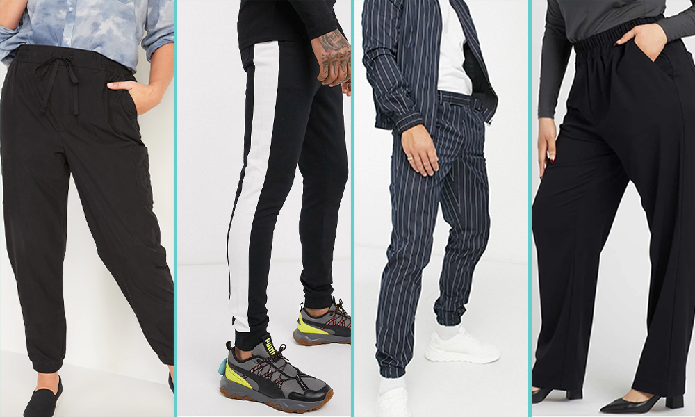 This collage has four people in "soft pants" — the first are plain black pants, the second are black paints with a white stripe going up the side, the third are navy blue pinstripes, and the fourth are wide leg black cloth pants.