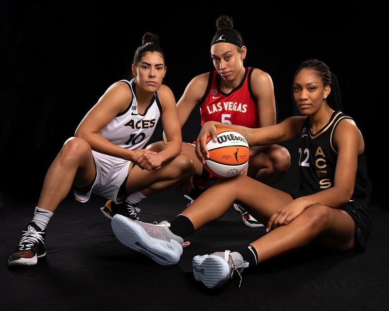 Aces' stars Kelsey Plum, Dearica Hamby and A'ja Wilson show off the Las Vegas H-E-R Collection. 