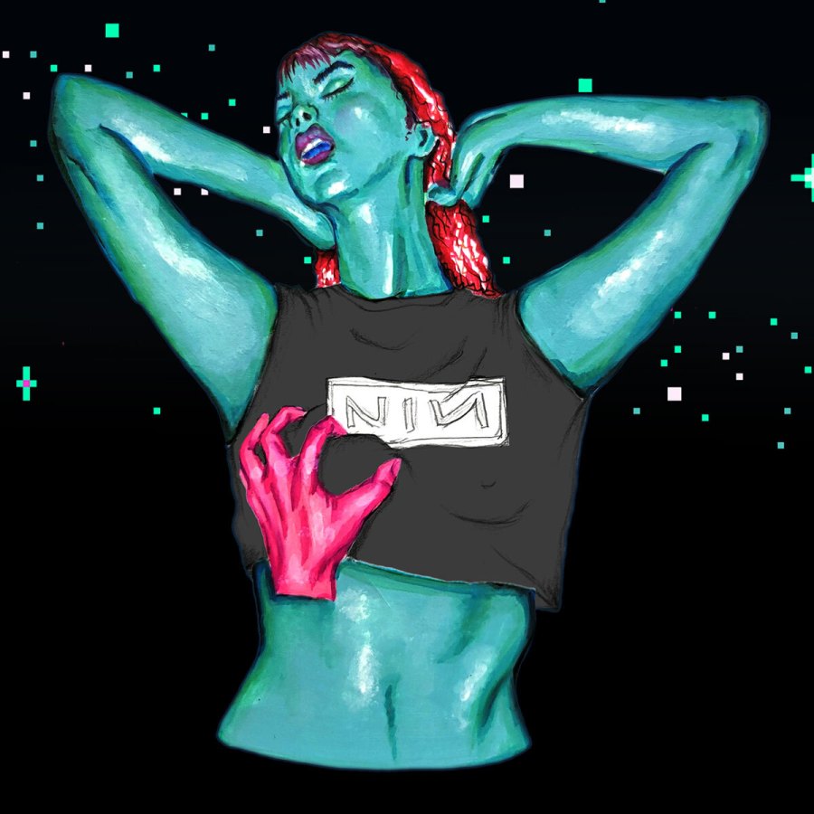 A painting of a thin person with pink pigtails and blue-tinged skin leaning back with her arms folded behind her head and eyes closed, while a pink-tinged hand squeezes her breast through a Nine Inch Nails crop top