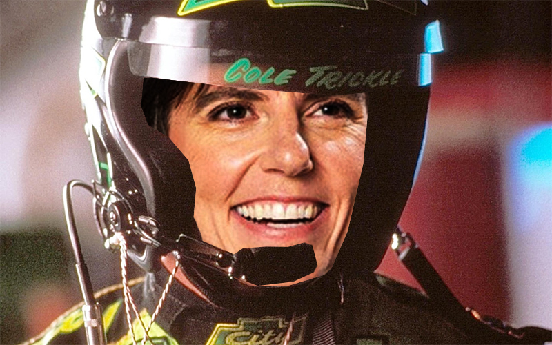 Tig Notaro Photoshopped into Days of Thunder wearing a race car helmet and smiling 