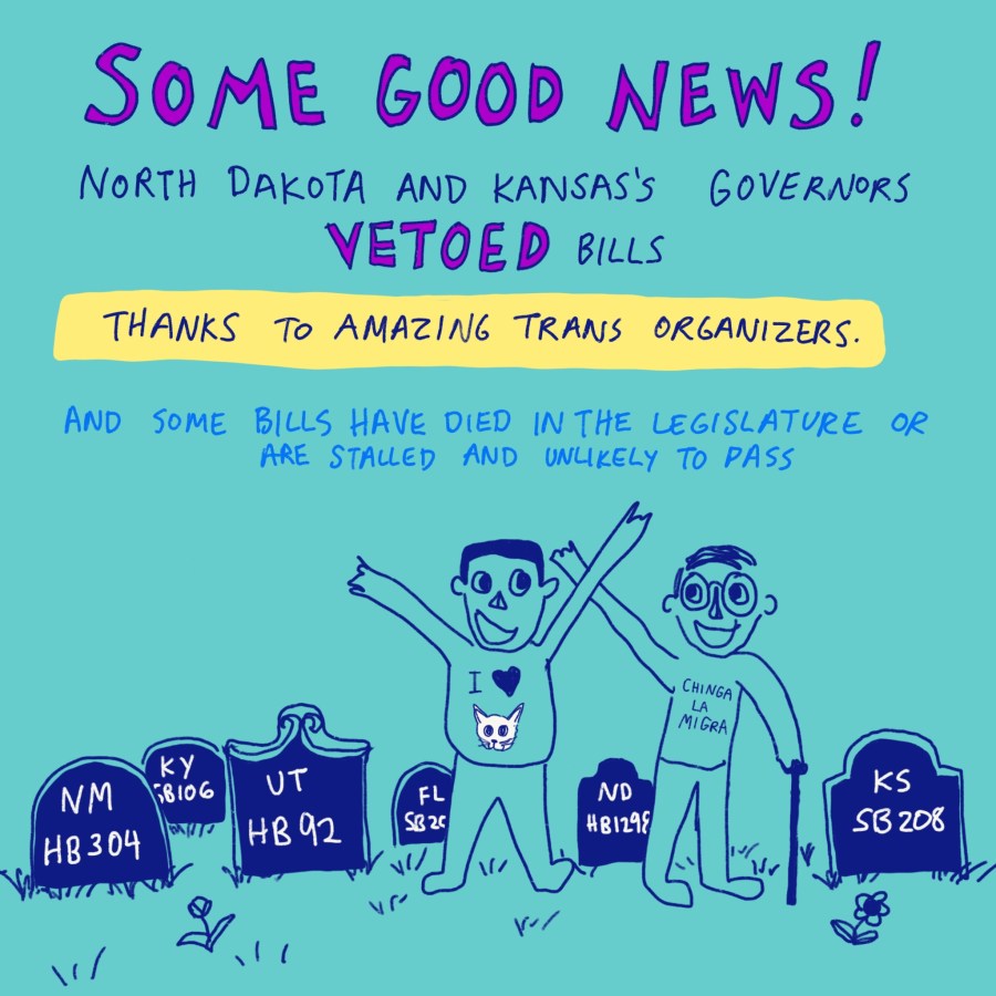 "Some good news! North Dakota and Kansas's governors vetoed bills thanks to amazing trans organizers. And some bills have died in the legislature or are stalled and unlikely to pass." Image of two people celebrating among graves that say, "NM HB304, KY SB106, UT HB92, ND HB1298, KS SB208"