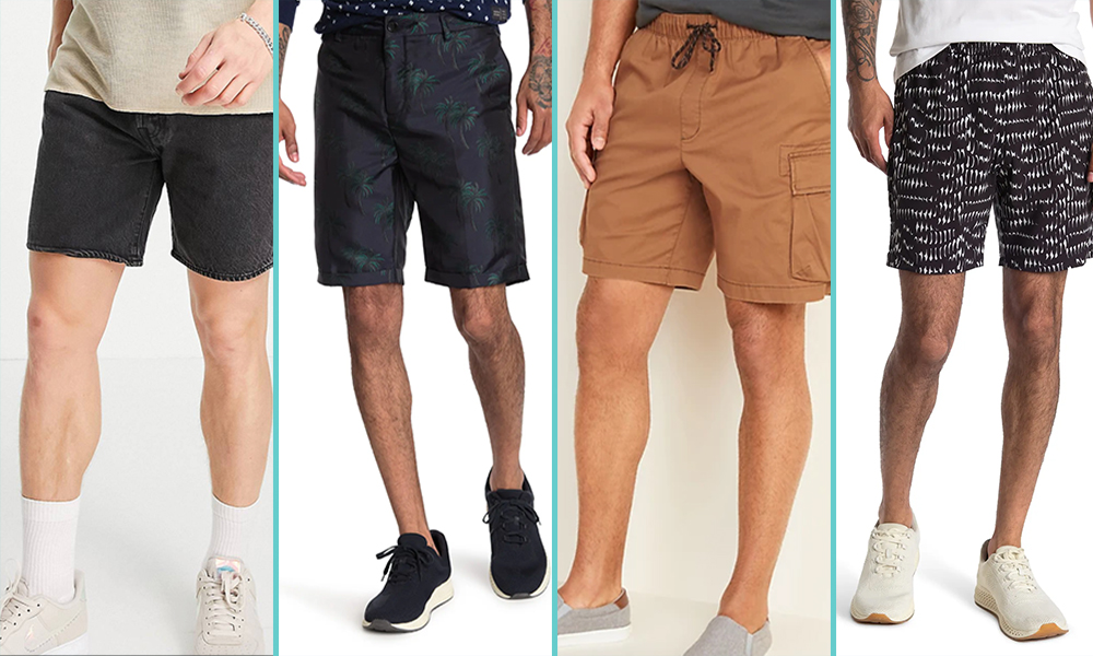 A collage of four pairs of 'dad' shorts, from L to R: plain black denim shorts that hit mid-thigh; dark blue shorts with a palm tree print; khaki cargo shorts, and loose flowy black shorts with a white geometric pattern