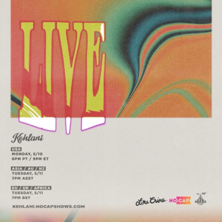 Image shows A poster with the times for Kehlanis live virtual concert. It has a cream backround and a multi colored swivel in the center.